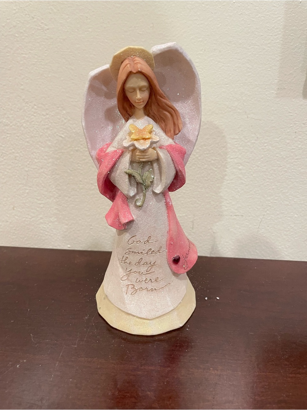 Handcrafted Pink Angel Figurine with Flower